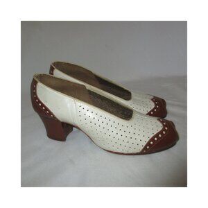 Vintage 1940's Flite Step Brown/White Leather Spectator Peep-Toe Pumps Pin-Up 6